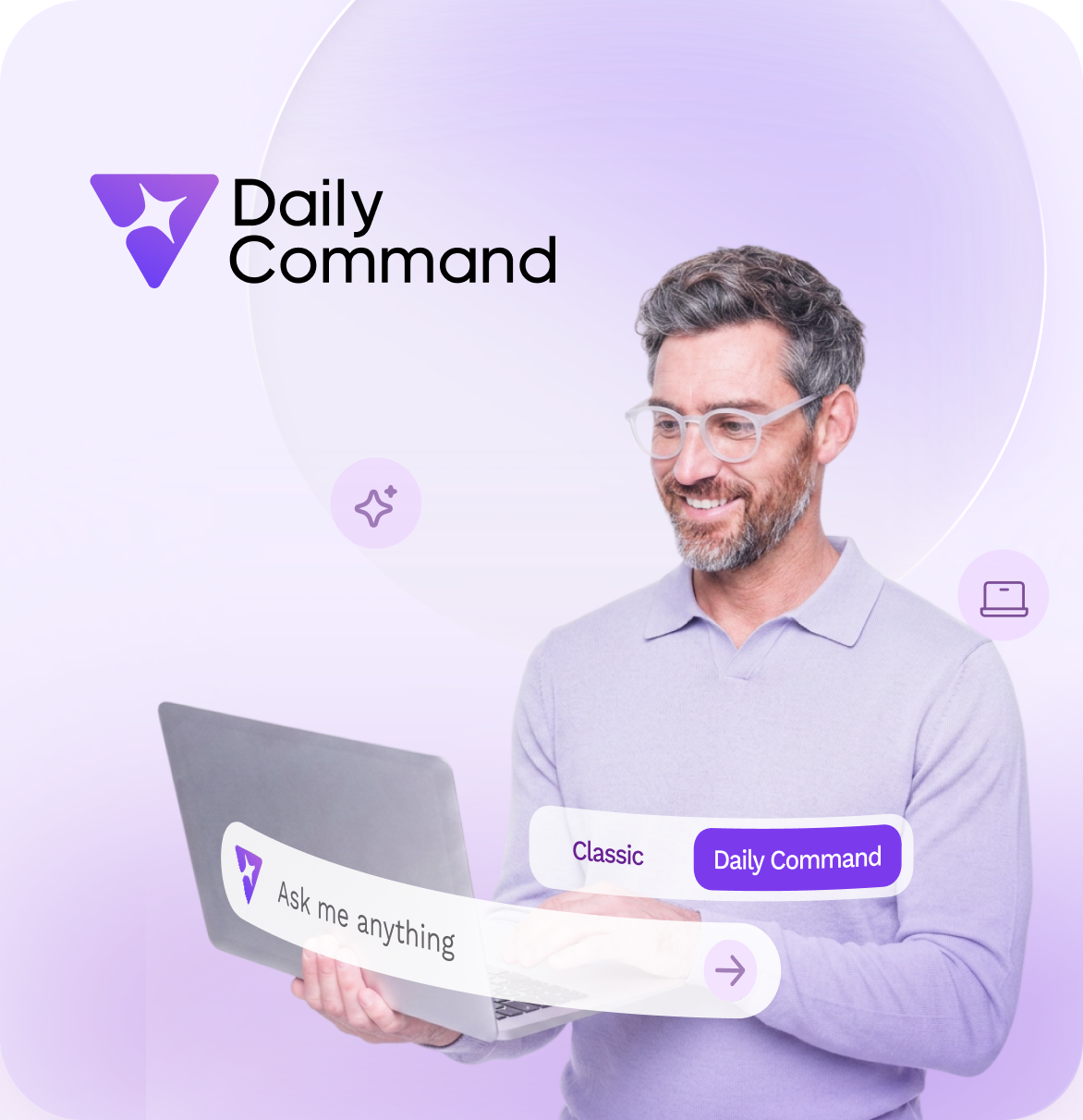 Daily Command product preview - marketer using laptop with Ask me anything and Daily Command UI chips